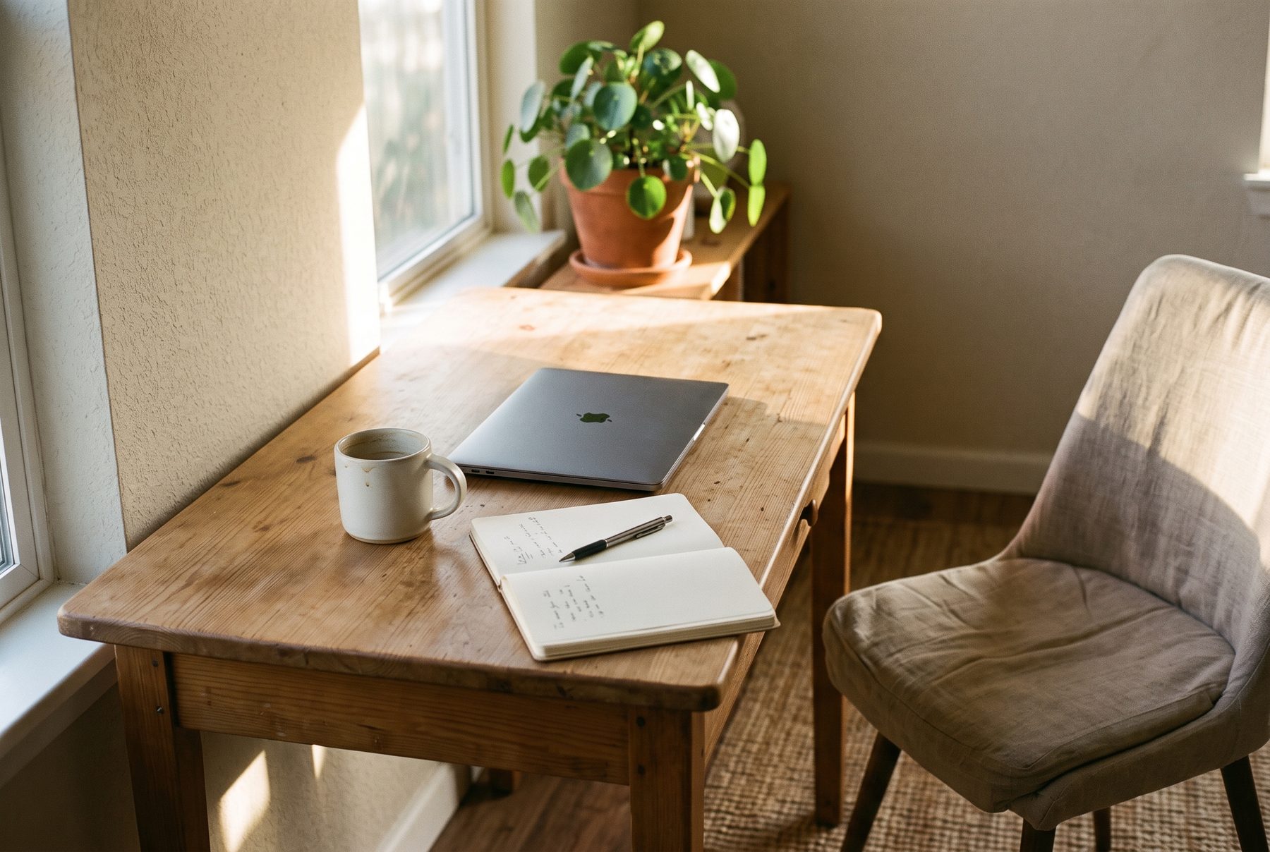 A quiet home desk set up for early-morning work